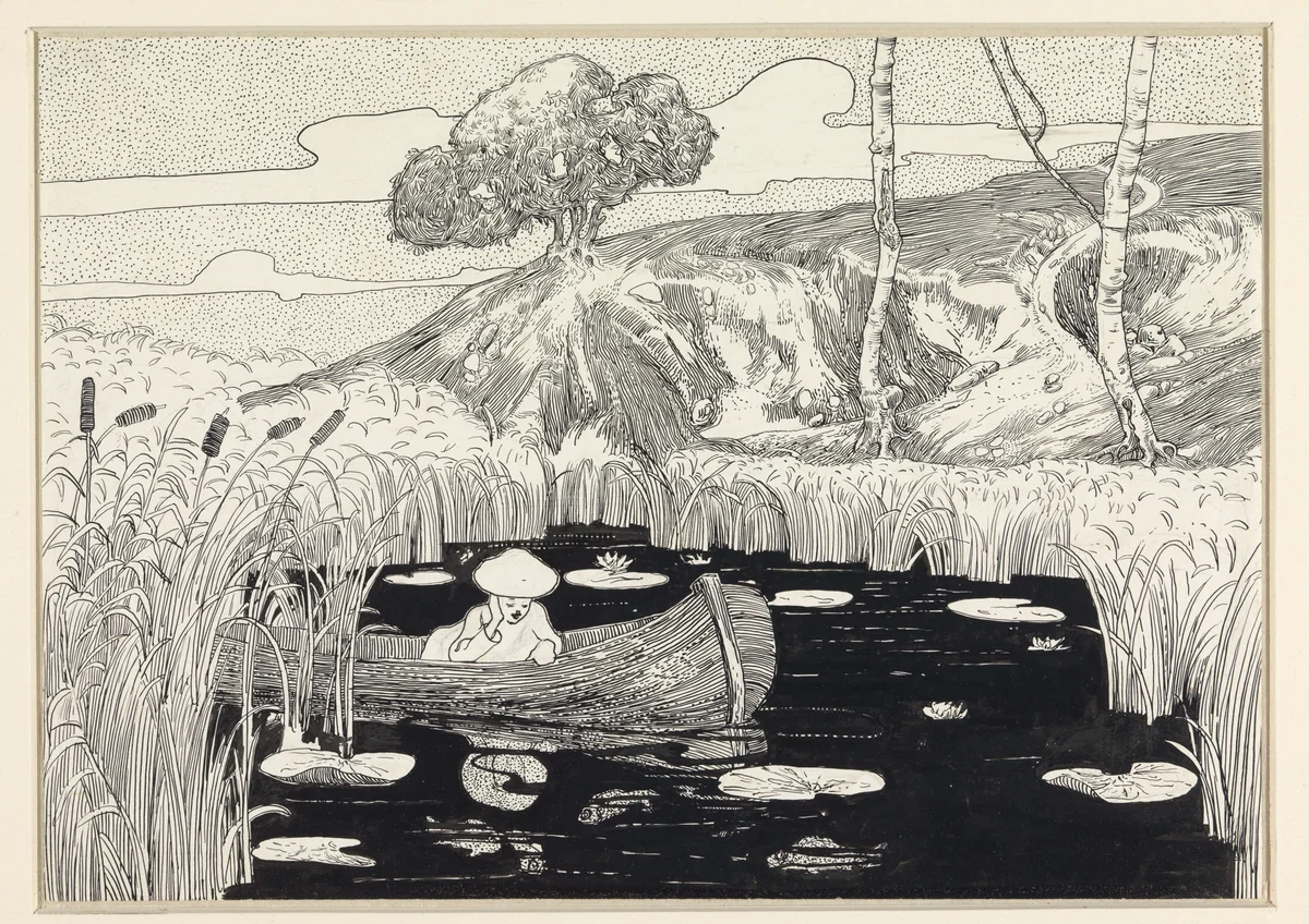 Persoon in boot starend in het water van een vijver met waterlelies by C. Lapine, drawing, 1895-1900