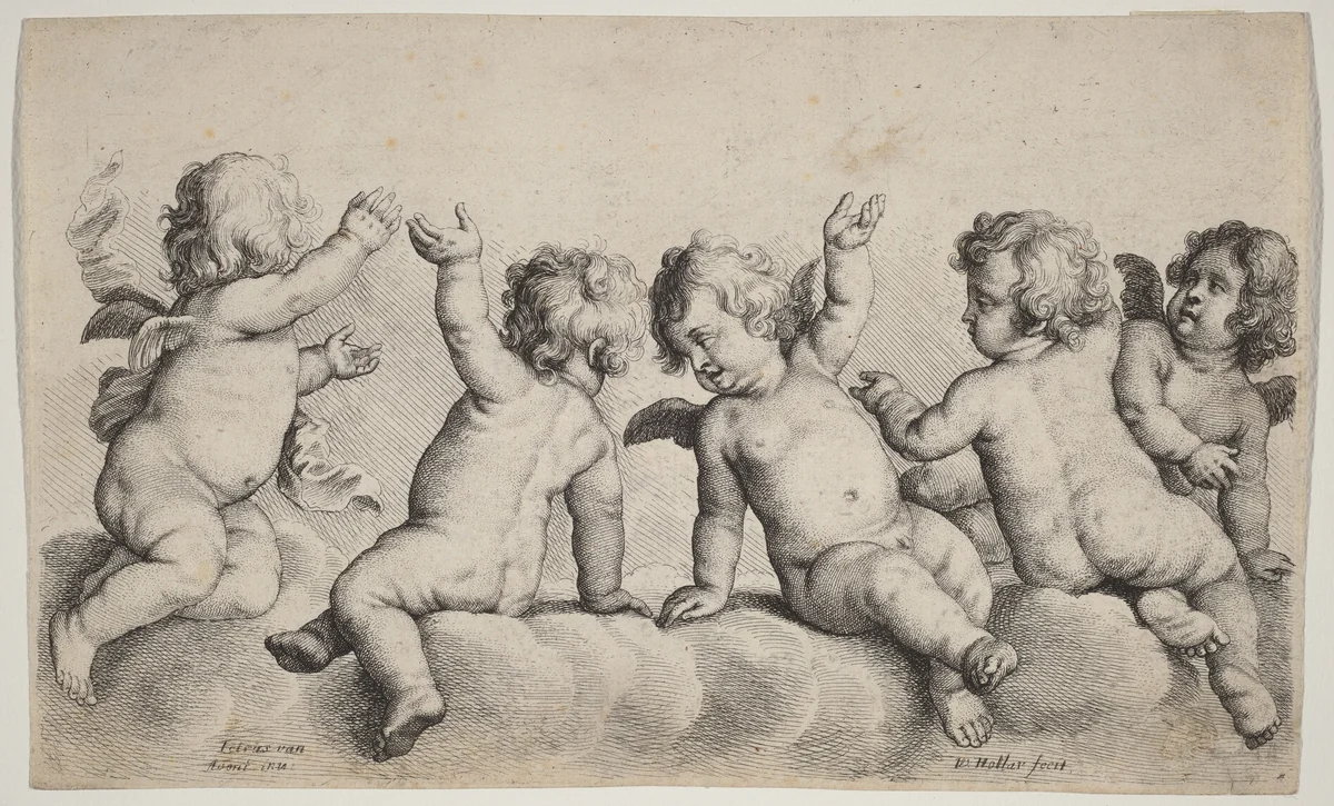 Three Cherubs and Two Boys on Clouds by Wenceslaus Hollar, Peeter van Avont, print, 1646