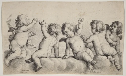 Three Cherubs and Two Boys on Clouds by Wenceslaus Hollar, Peeter van Avont, print, 1646