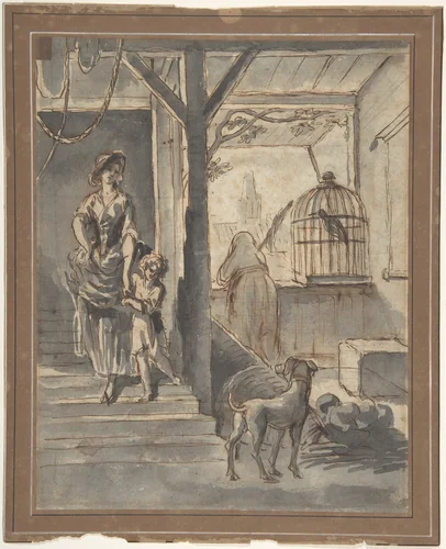 Woman and Child on Stairs by Pierre Lélu, drawing, 1750-1810