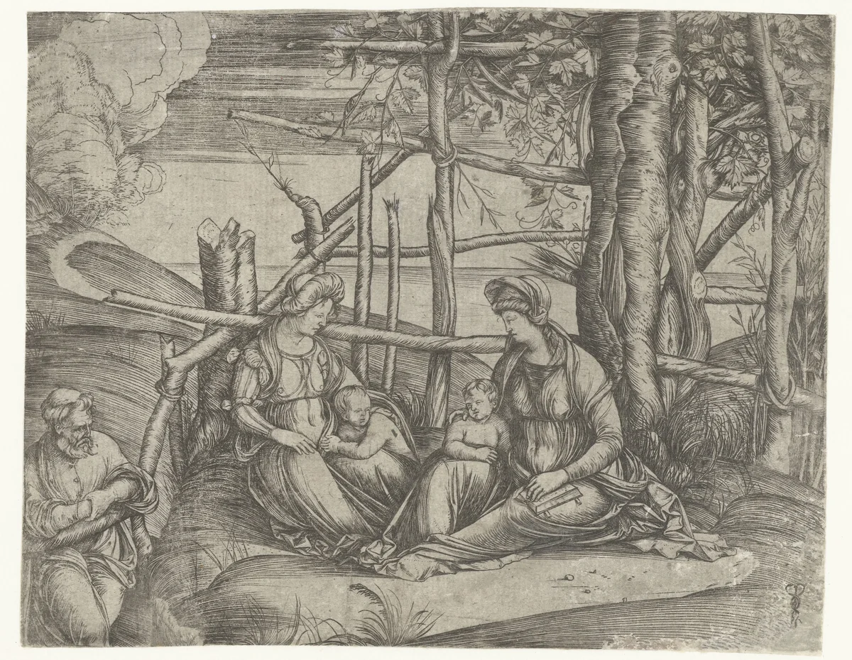 Heilige familie met Elisabeth en Johannes de Doper by Unknown, print, 1499-1500