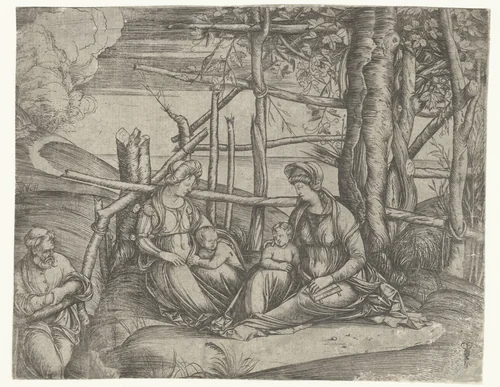 Heilige familie met Elisabeth en Johannes de Doper by Unknown, print, 1499-1500