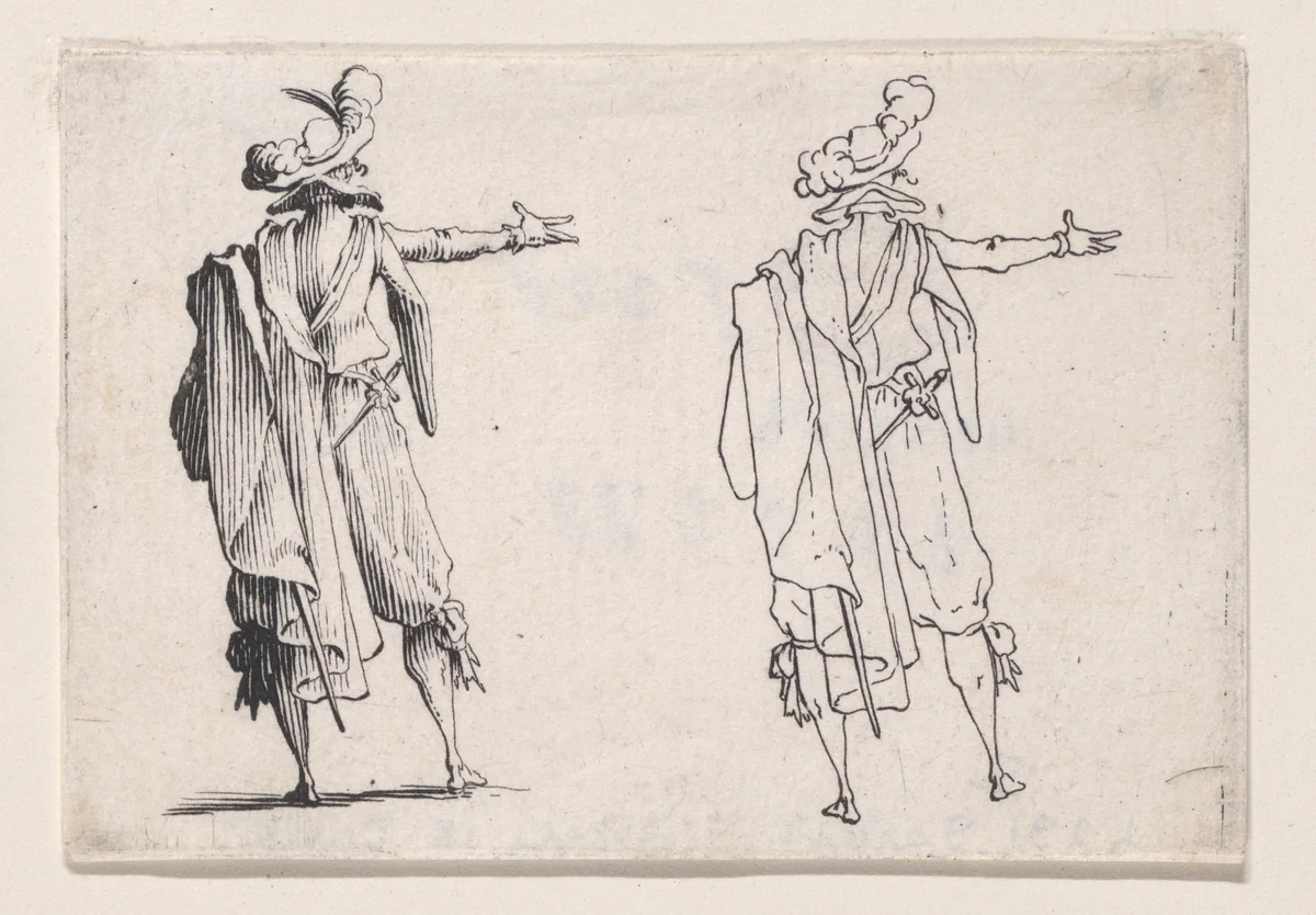 L'Homme Vu de Dos la Main Droite Tendue (Man Seen from Behind with his Right Hand Extended), from "Les Caprices" Series A, The Florence Set by Jacques Callot, print, 1617