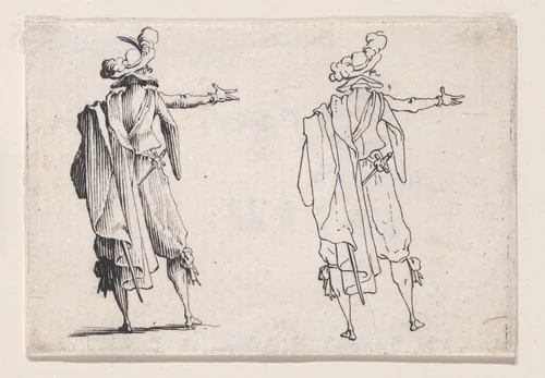 L'Homme Vu de Dos la Main Droite Tendue (Man Seen from Behind with his Right Hand Extended), from "Les Caprices" Series A, The Florence Set by Jacques Callot, print, 1617
