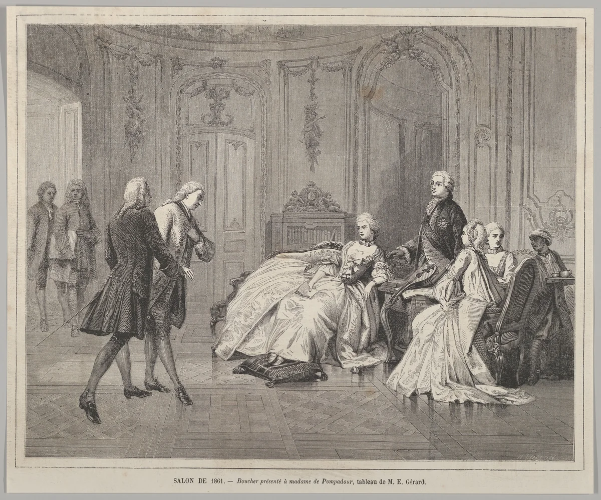 Boucher présenté à Madame de Pompadour (Boucher presented to Madame de Pompadour), from "Le Monde Illustré" by Henry Linton, print, 1861