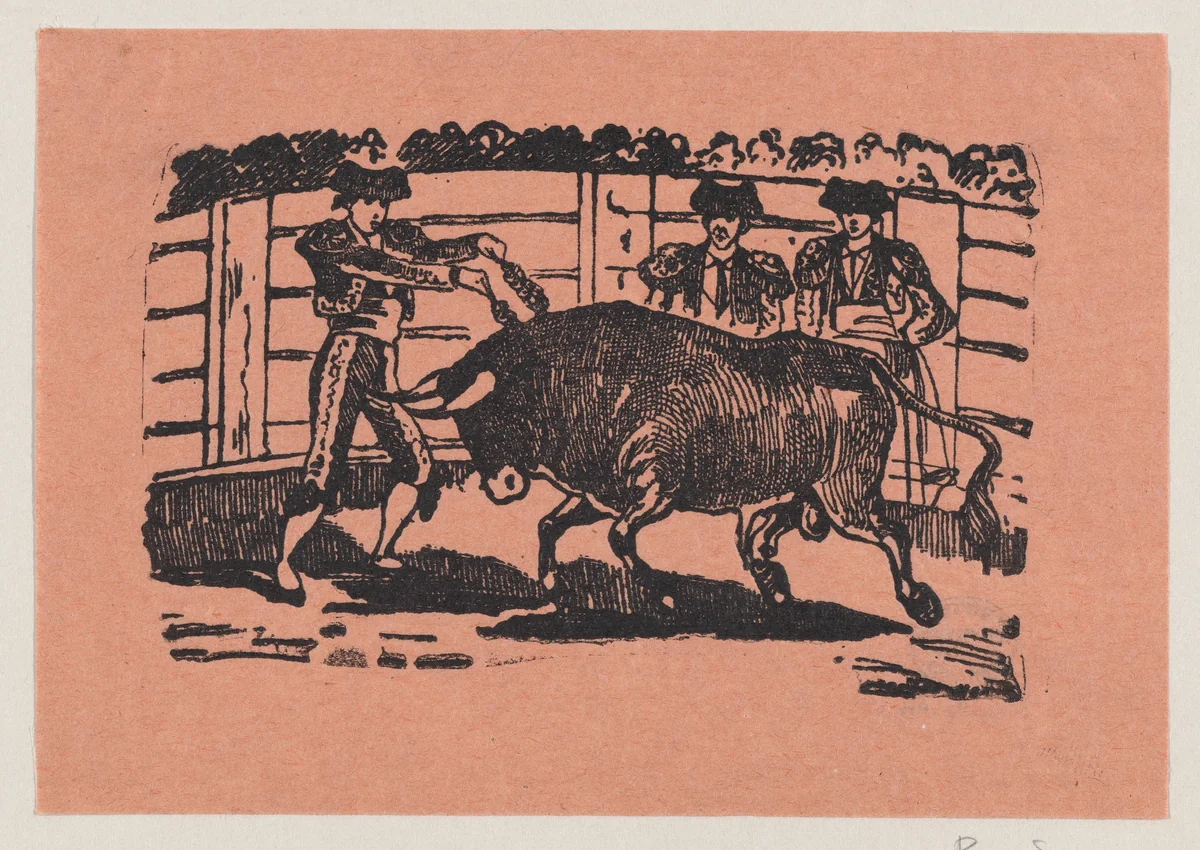 A torero placing banderillas into the bull's shoulders while two men stand behind the bull by José Guadalupe Posada, print, 1890-1910