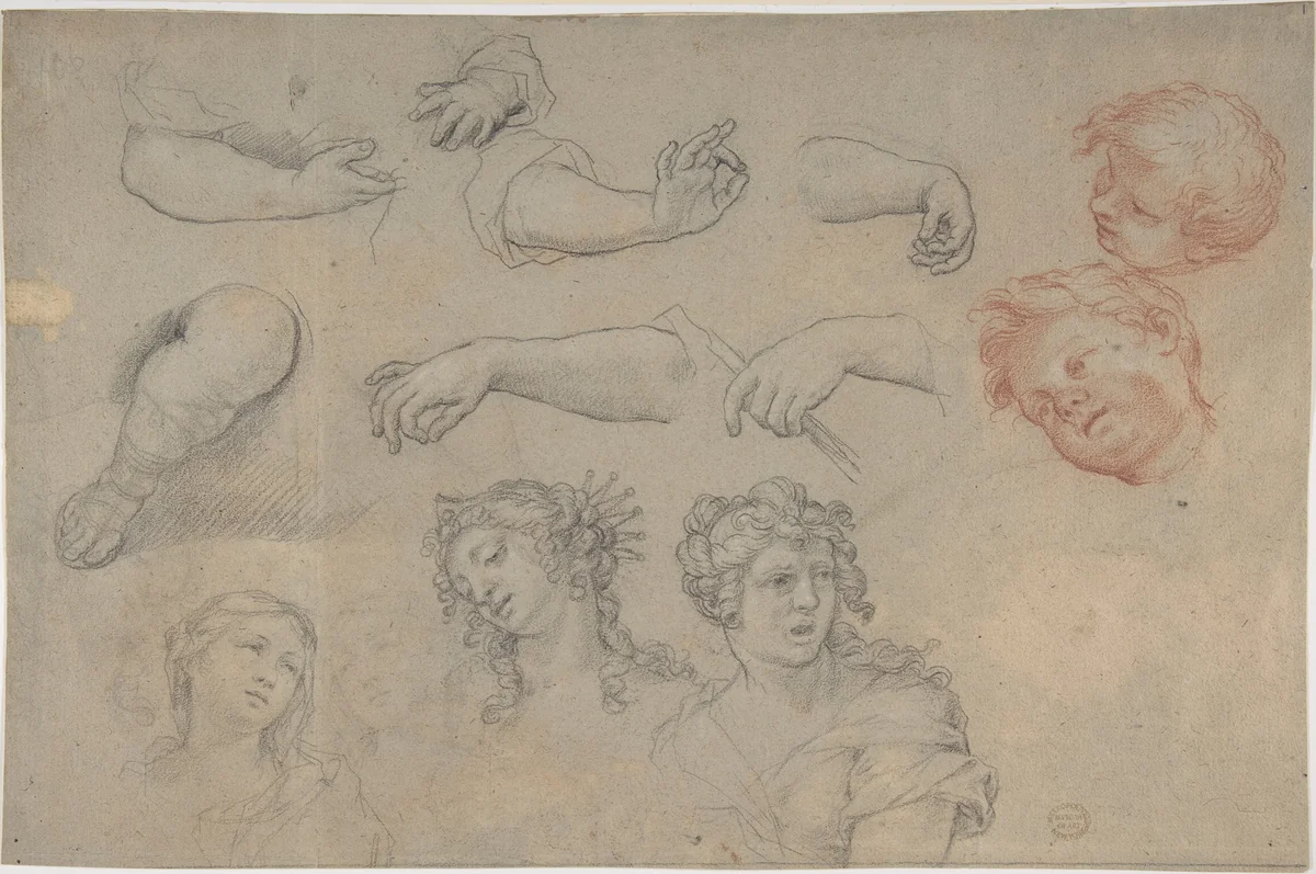 Studies of Heads and Hands by anonymous, drawing, 1600-1699