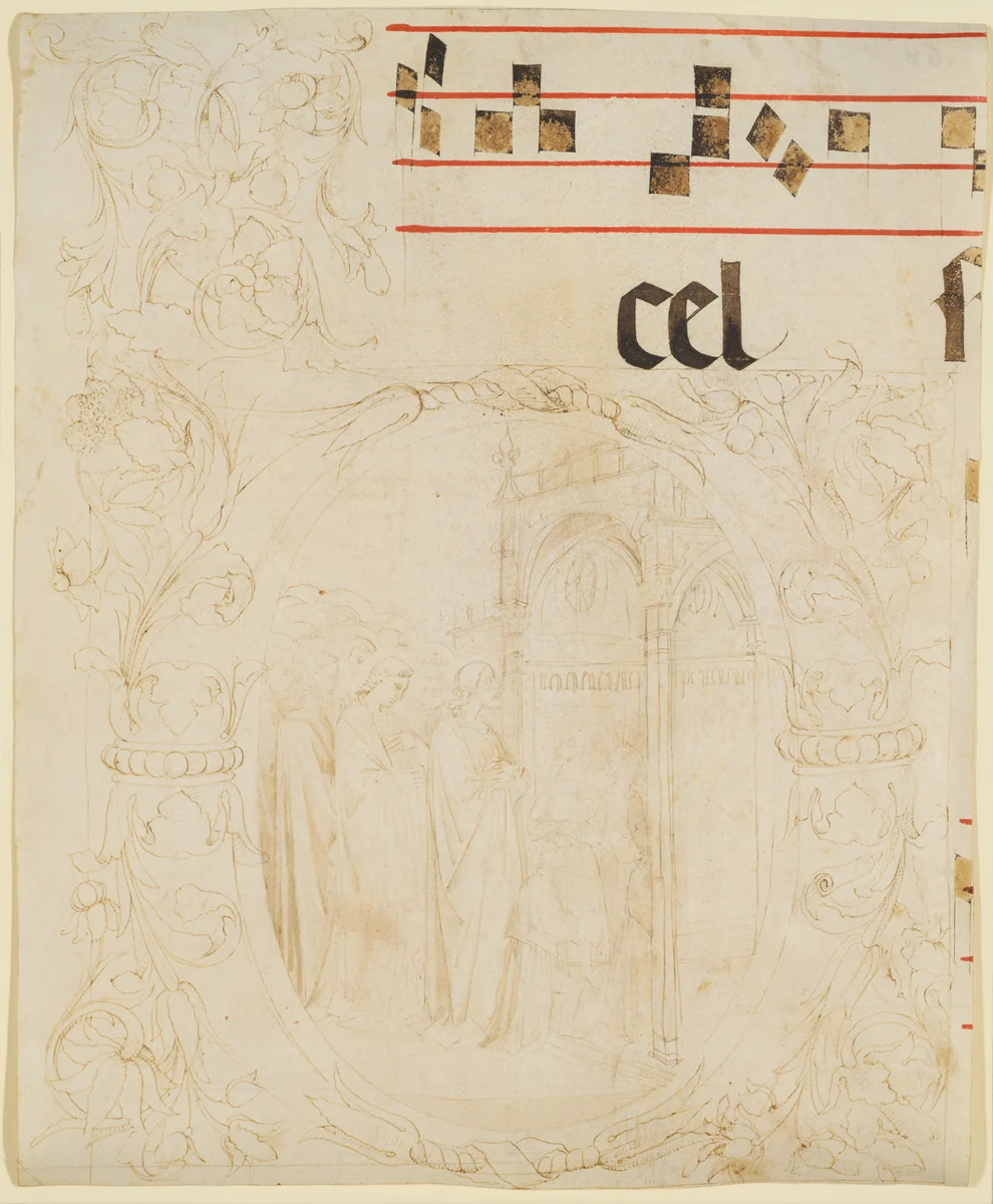 Unfinished Design for a Choir Book: Initial with Scene of Christ Entering the Temple. by Lorenzo Monaco, drawing, 1408-1411