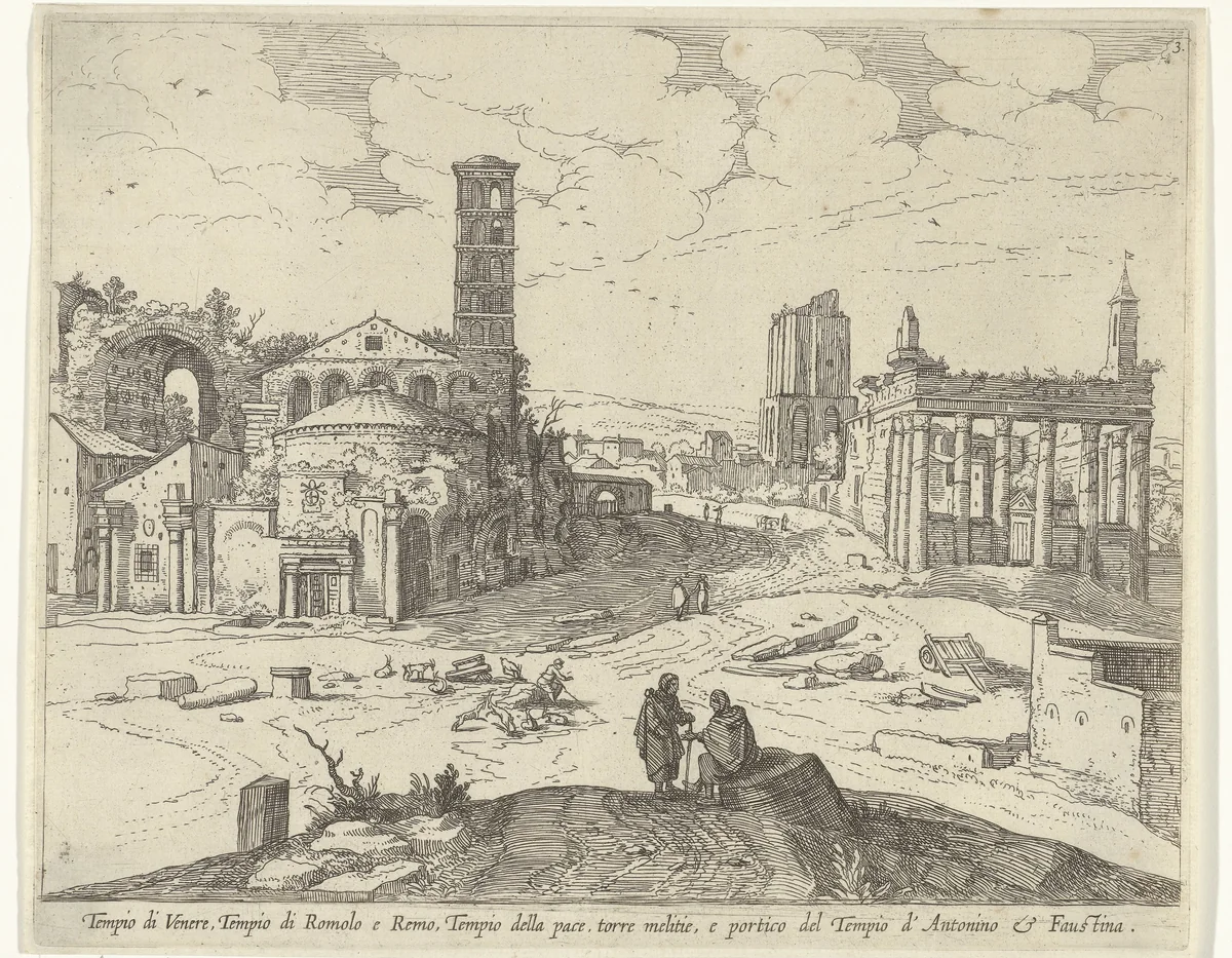 Gezicht op het Forum Romanum by Guilliam van Nieulandt, print, 1594-1635