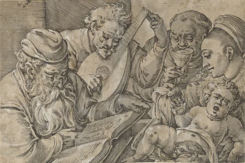 De vijf zintuigen (en tevens vijf leeftijden?) by Anton Möller, drawing, 1578-1611