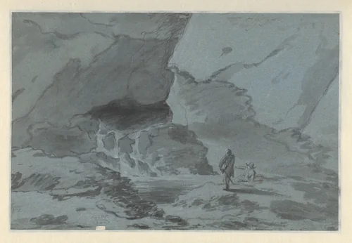 Two Travellers in a Subterranean Grotto by Jan Asselijn, drawing, 1636-1646