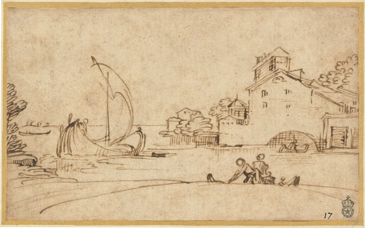 Landscape with Figures by an Estuary with Sailing Boats by Annibale Carracci, drawing, 1590-1595