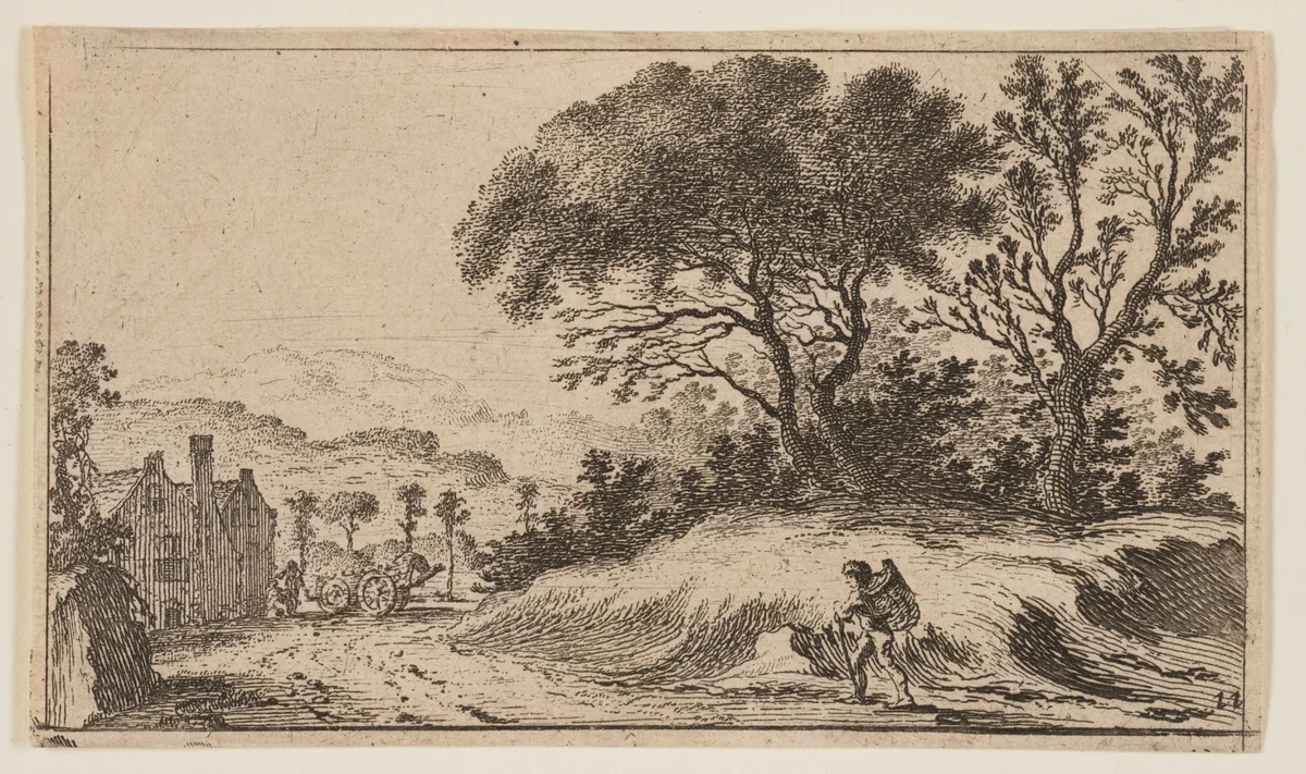Traveler on a Path before Three Trees on a Knoll at Right, from Twelve Landscapes by Gillis van Scheyndel, print, 1605-1650