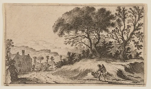 Traveler on a Path before Three Trees on a Knoll at Right, from Twelve Landscapes by Gillis van Scheyndel, print, 1605-1650