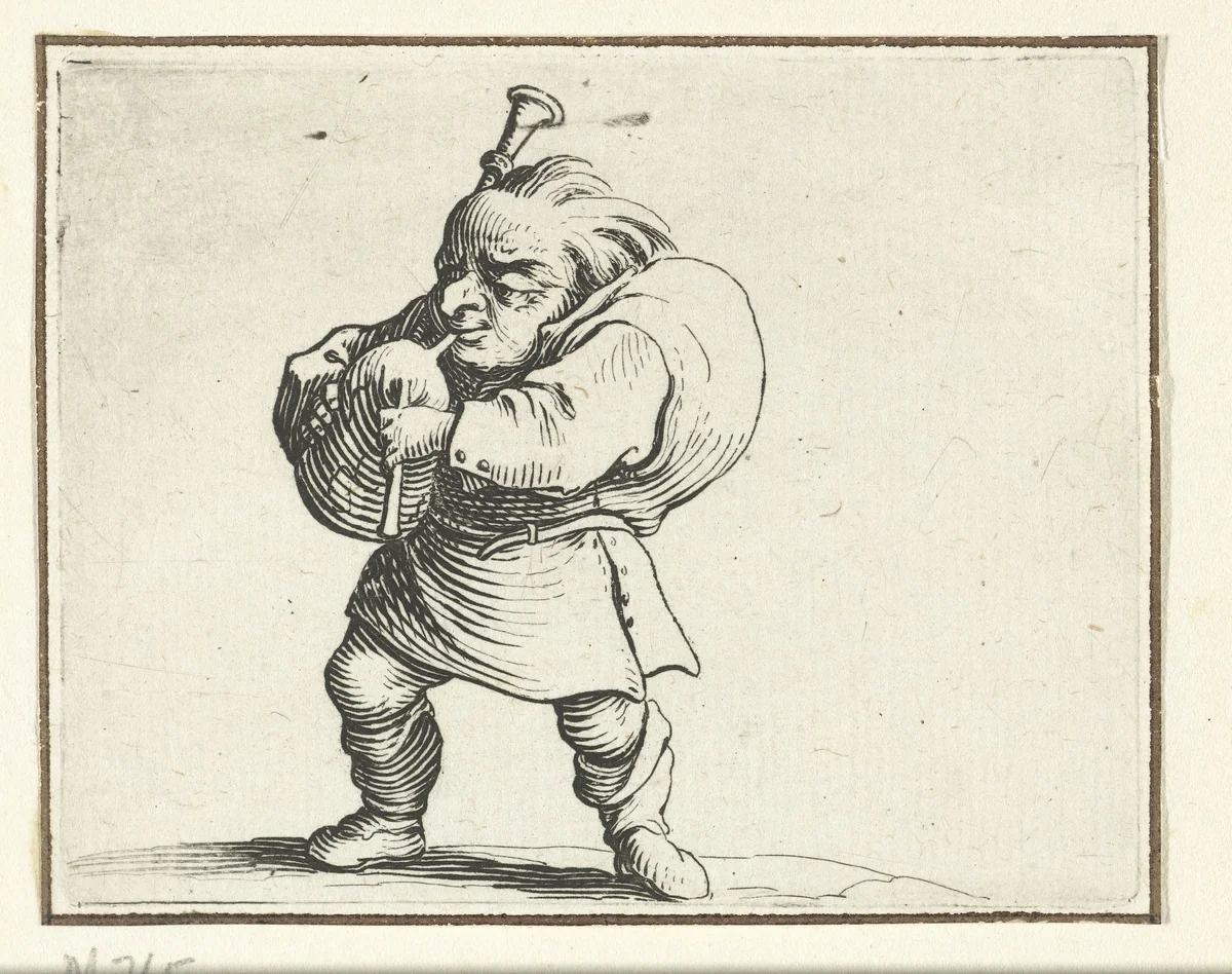 Kleine mens (karikatuur) met doedelzak by Jacques Callot, print, 1621-1625