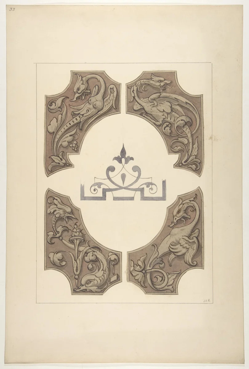 Grotesque designs featuring griffin, birds, and dolphins by Jules-Edmond-Charles Lachaise, drawing, 1830-1897