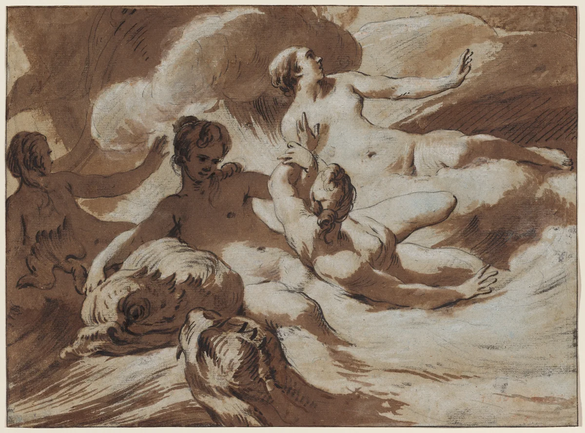 Naiads and Dolphins by Jean-Baptiste-Marie Pierre, drawing, 1762-1765