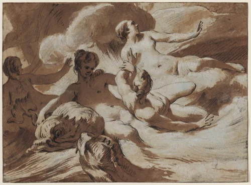 Naiads and Dolphins by Jean-Baptiste-Marie Pierre, drawing, 1762-1765