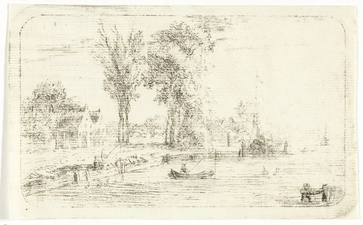 Rivierlandschap met hengelaar in een bootje by Anthonie van den Bos, print, 1778-1838