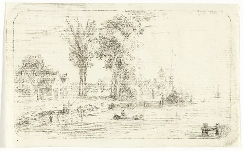 Rivierlandschap met hengelaar in een bootje by Anthonie van den Bos, print, 1778-1838