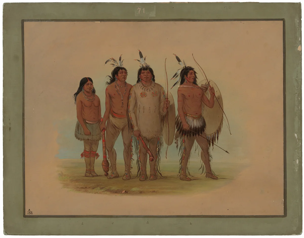 Kiowa Chief, His Wife, and Two Warriors by George Catlin, painting, 1861-1869