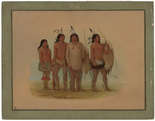 Kiowa Chief, His Wife, and Two Warriors by George Catlin, painting, 1861-1869
