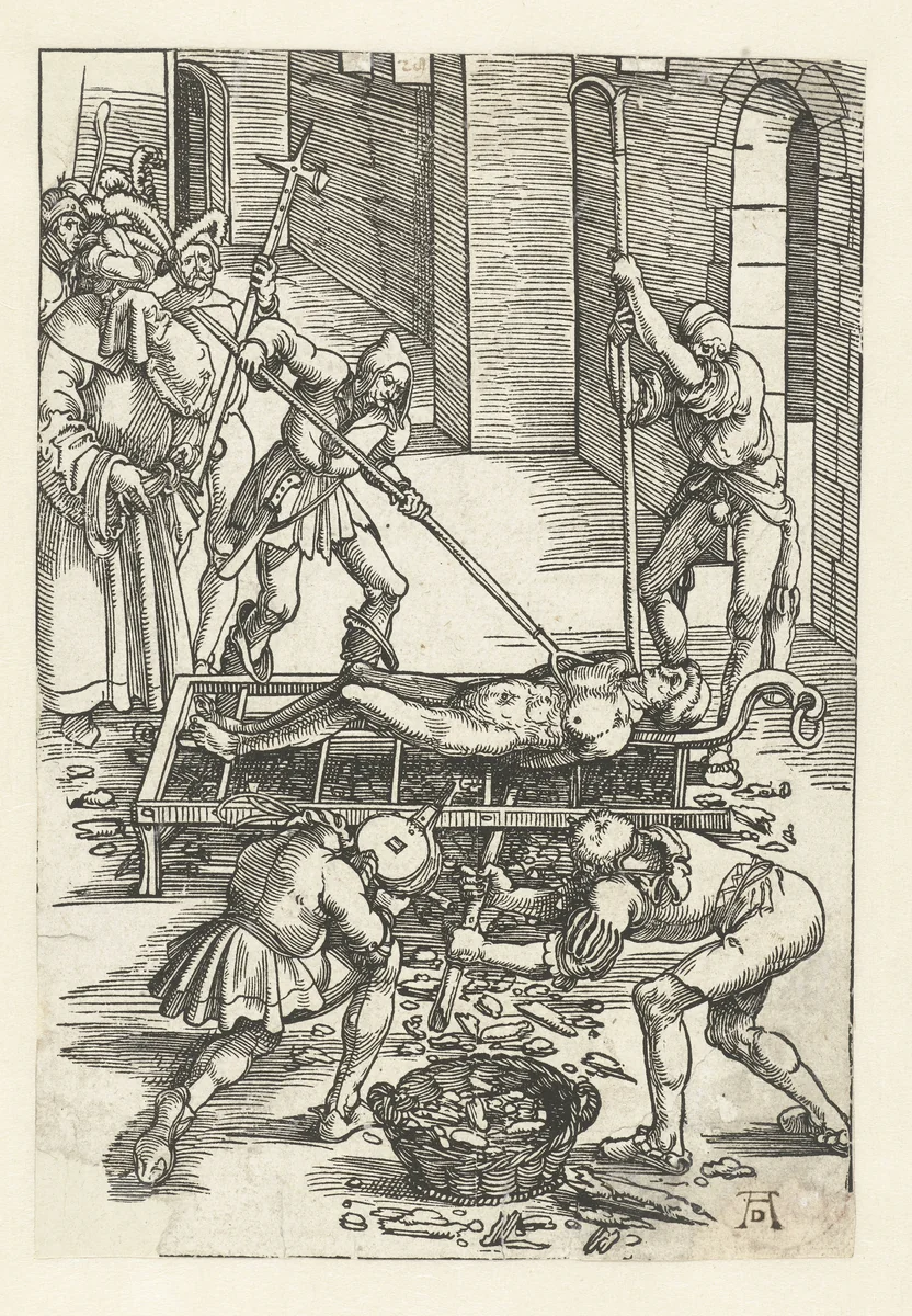 Laurentius wordt levend geroosterd bij marteldood by Hans Baldung Grien, print, 1505-1507