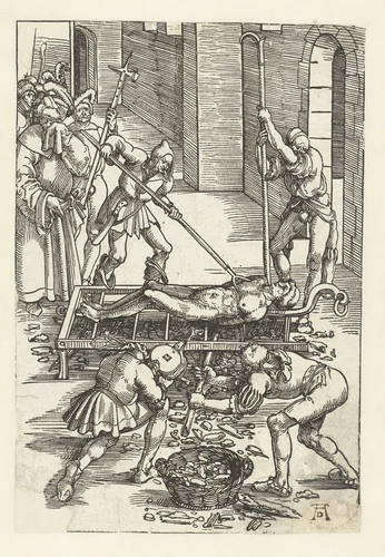Laurentius wordt levend geroosterd bij marteldood by Hans Baldung Grien, print, 1505-1507