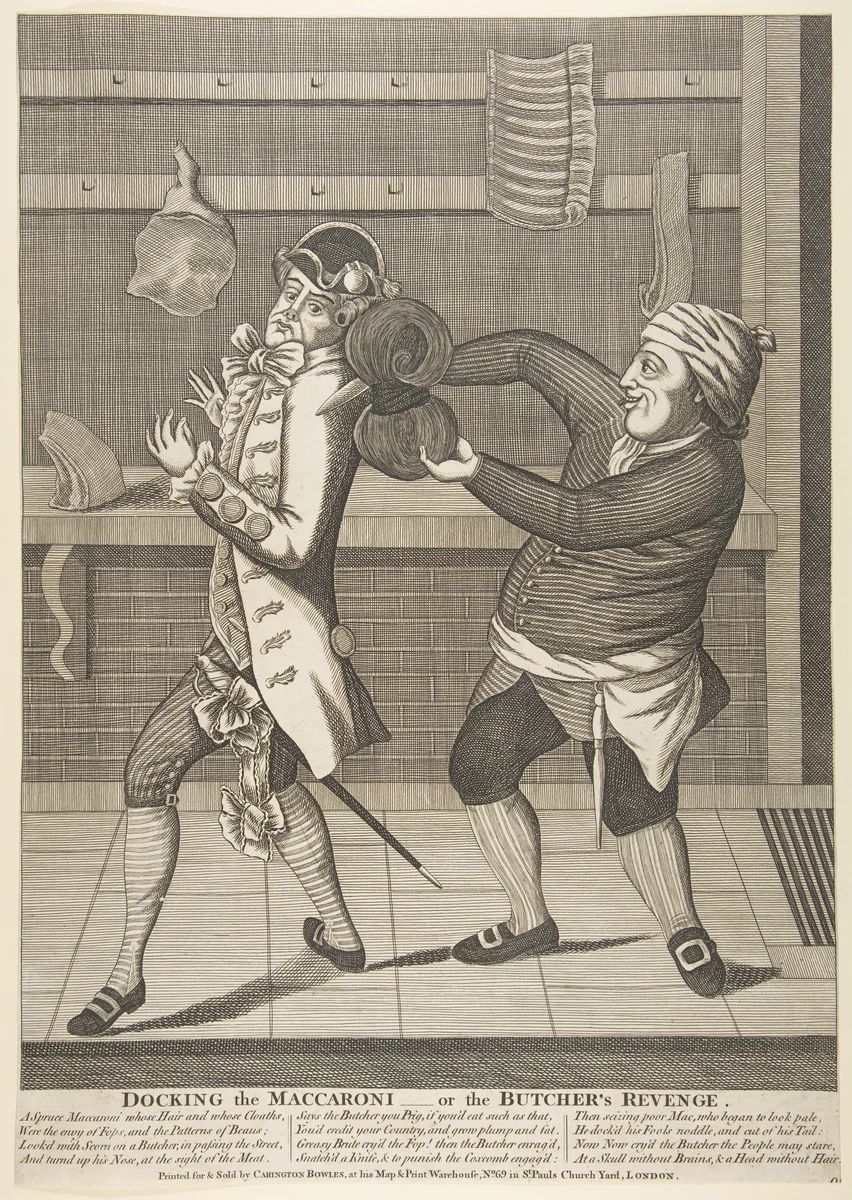 Docking the Macaroni–or the Butcher's Revenge by anonymous, print, 1768-1778