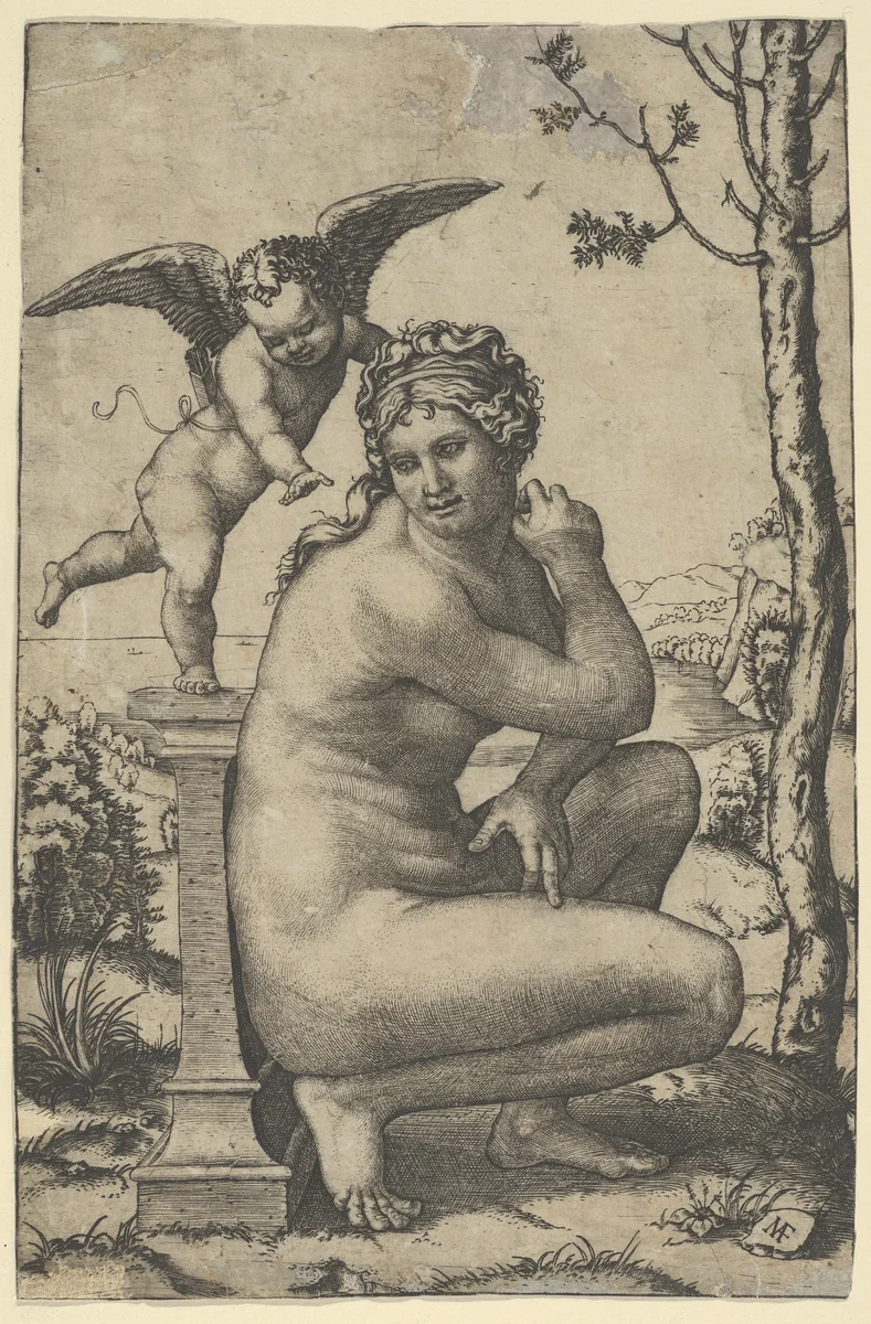 Venus crouching by a plinth on top of which stands Cupid by Marcantonio Raimondi, print, 1505-1515