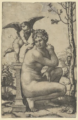 Venus crouching by a plinth on top of which stands Cupid by Marcantonio Raimondi, print, 1505-1515