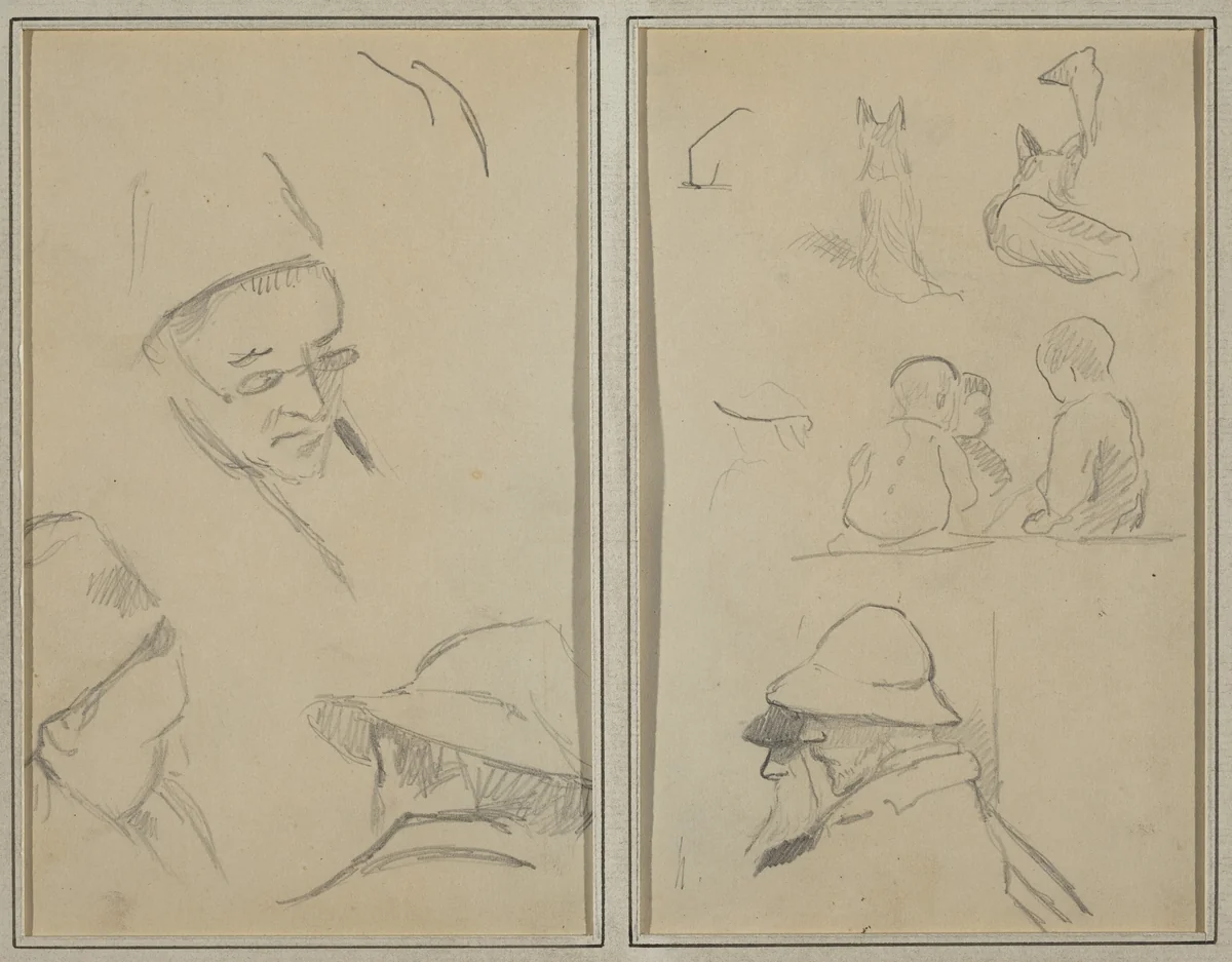 Three Studies of Men's Heads, One with Spectacles; Dogs, Children, and Two Bearded Men in Profile [verso] by Paul Gauguin, drawing, 1884-1888