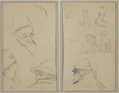 Three Studies of Men's Heads, One with Spectacles; Dogs, Children, and Two Bearded Men in Profile [verso] by Paul Gauguin, drawing, 1884-1888