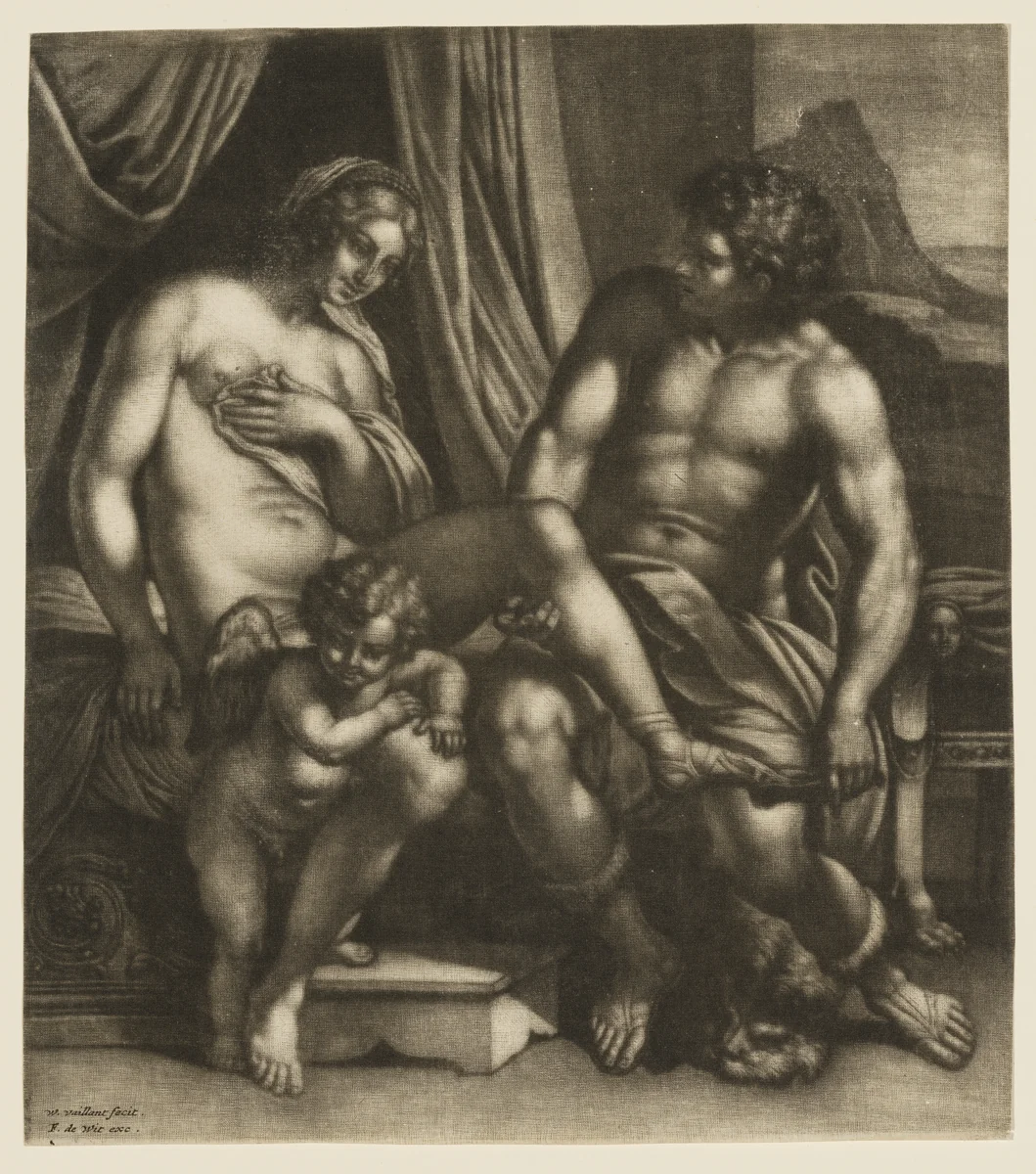 Venus and Anchises, accompanied by Cupid by Wallerant Vaillant, print, 1635-1677