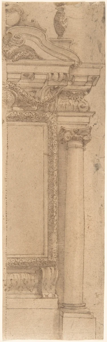Right Half of Wall Monument Design with Urn Above by anonymous, drawing, 1600-1699