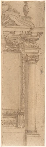 Right Half of Wall Monument Design with Urn Above by anonymous, drawing, 1600-1699