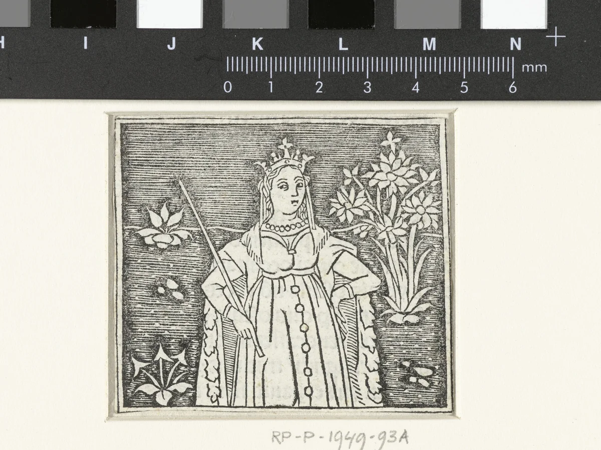 Vrouw met scepter en kroon by anonymous, print, 1480-1500