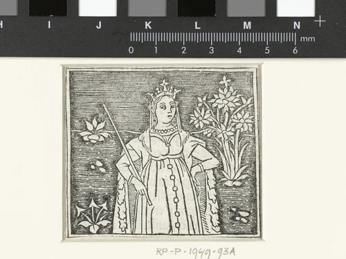 Vrouw met scepter en kroon by anonymous, print, 1480-1500