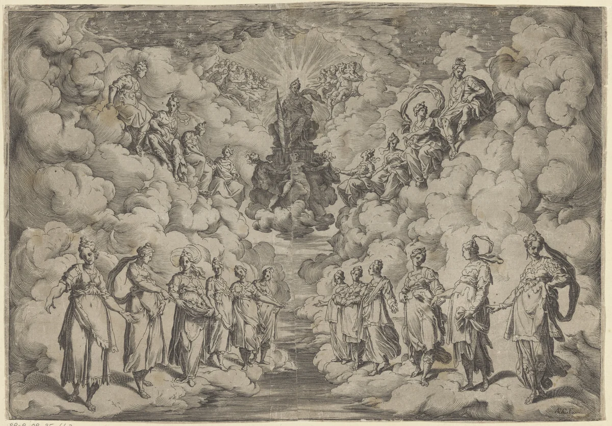 Harmonie van de sferen by Unknown, print, 1589-1592