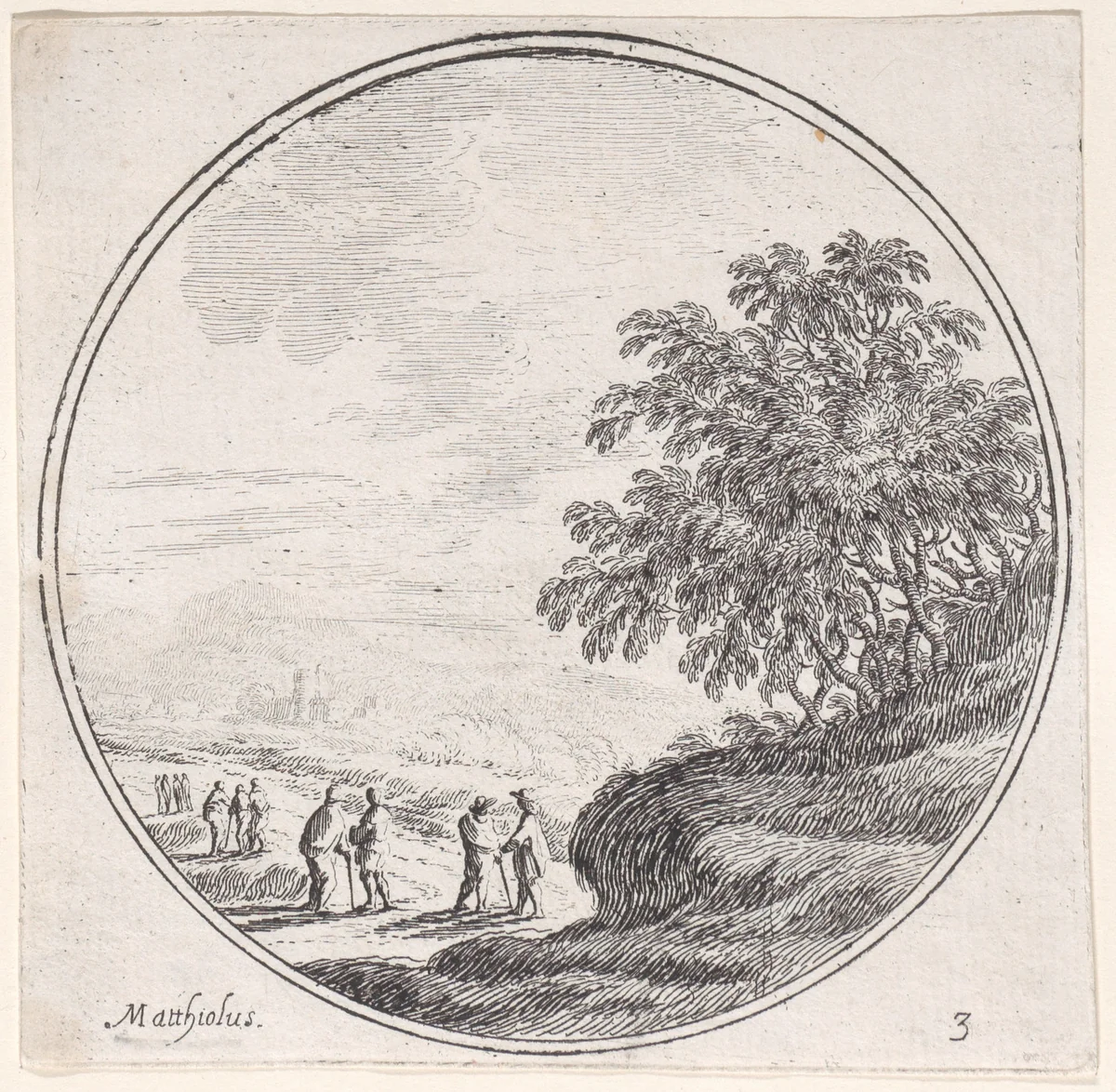 Plate 3: figures in a landscape at lower left, trees at right by Lodovico Mattioli, print, 1680-1747