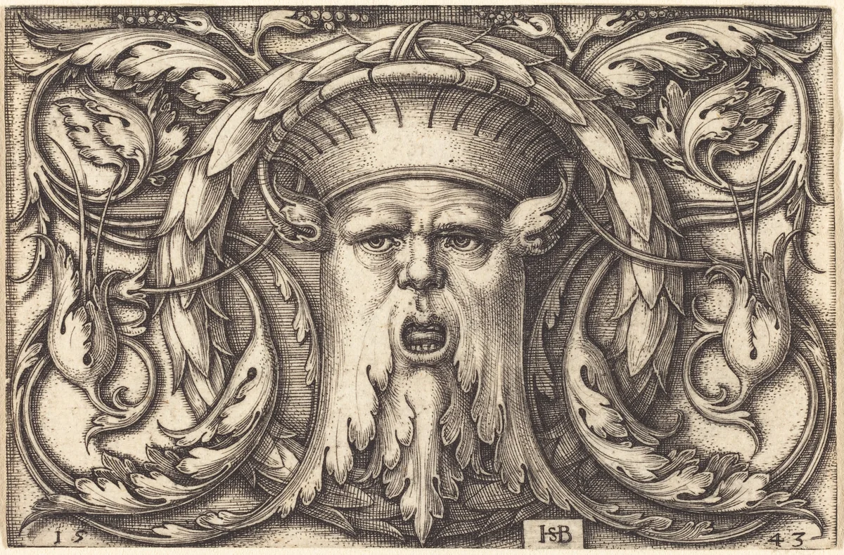 Ornament Panel with a Large Bearded Mask by Sebald Beham, print, 1543