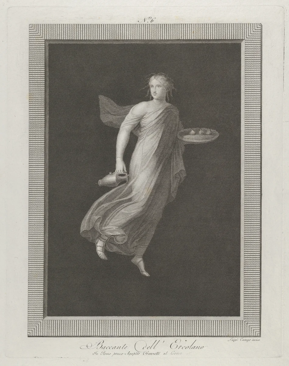 A bacchante holding a pitcher in her right hand and carrying in her left hand an oval dish containing three figs, set against a black background inside a rectangular frame by Aloysio Cunego, print, 1795-1820
