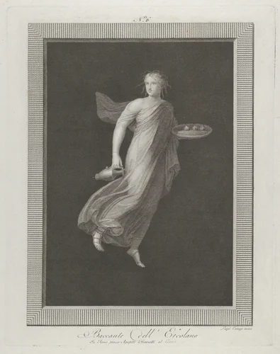 A bacchante holding a pitcher in her right hand and carrying in her left hand an oval dish containing three figs, set against a black background inside a rectangular frame by Aloysio Cunego, print, 1795-1820