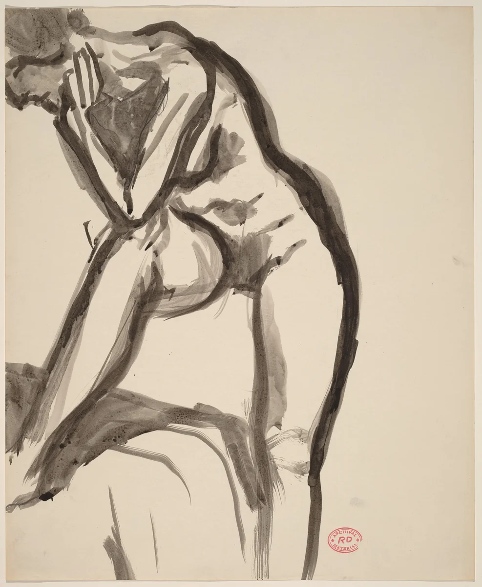 Untitled [standing female nude leaning elbow on knee] by Richard Diebenkorn, drawing, 1955-1967