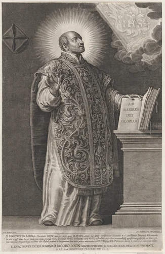 Saint Ignatius Loyola, standing and holding an open book by Schelte Adams Bolswert, print, 1618-1638