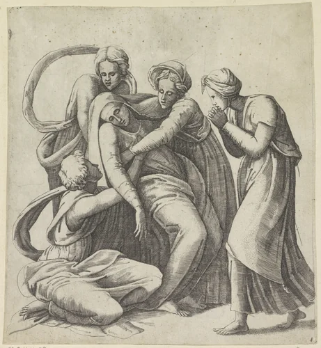 Maria bezwijmt in de armen van de heilige vrouwen by Giulio Bonasone, print, 1501-1580