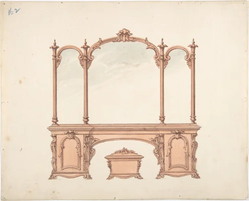 Design for a Mirrored Sideboard with Rococo Ornament, and Casket by anonymous, drawing, 1800-1850