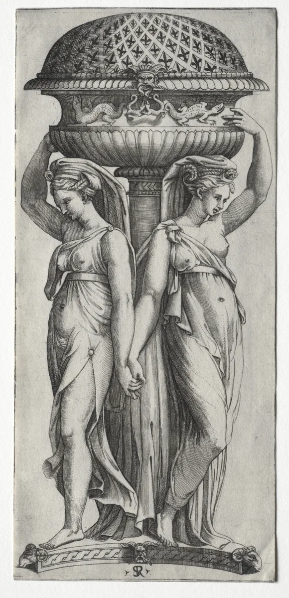 The Cassollette: Women Supporting an Urn by Marco Dente, print, 1520-1527