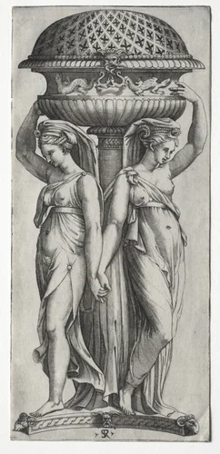 The Cassollette: Women Supporting an Urn by Marco Dente, print, 1520-1527