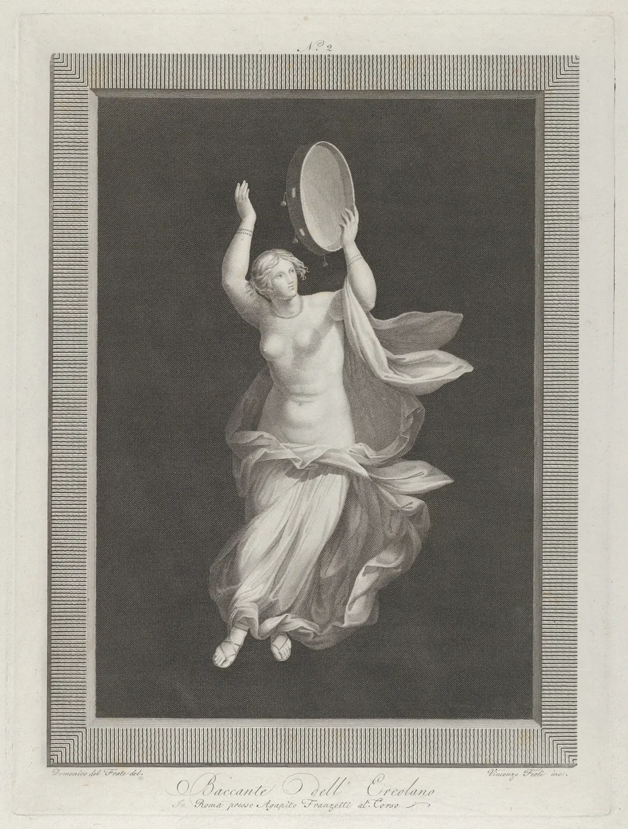 A partly naked bacchante playing a tambourine by Vicenzo Feoli, print, 1790-1825